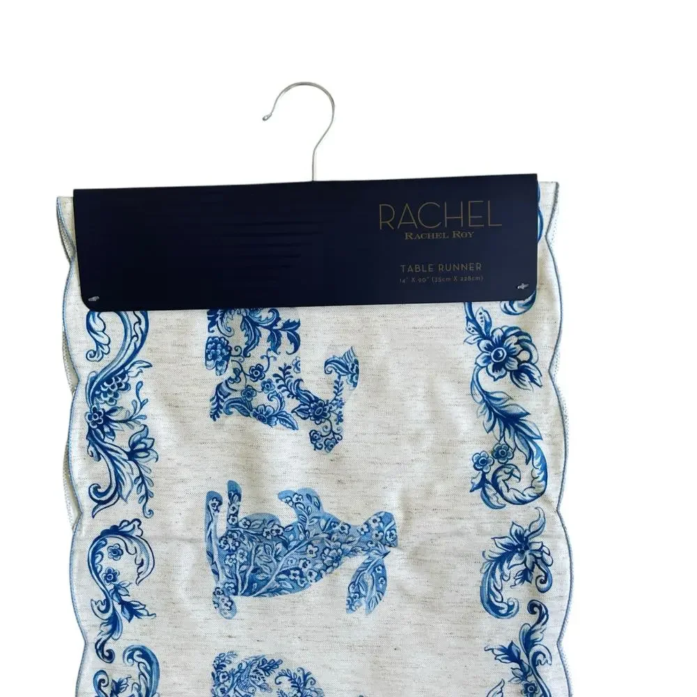 RACHEL ROY Blue Bunny Rabbit TOILE Easter Table Runner 14x90 New
